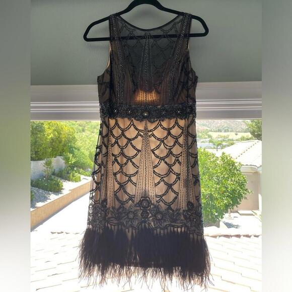 SUE WONG Black & nude beaded, sequin ostrich feather dress - Picture 2 of 9